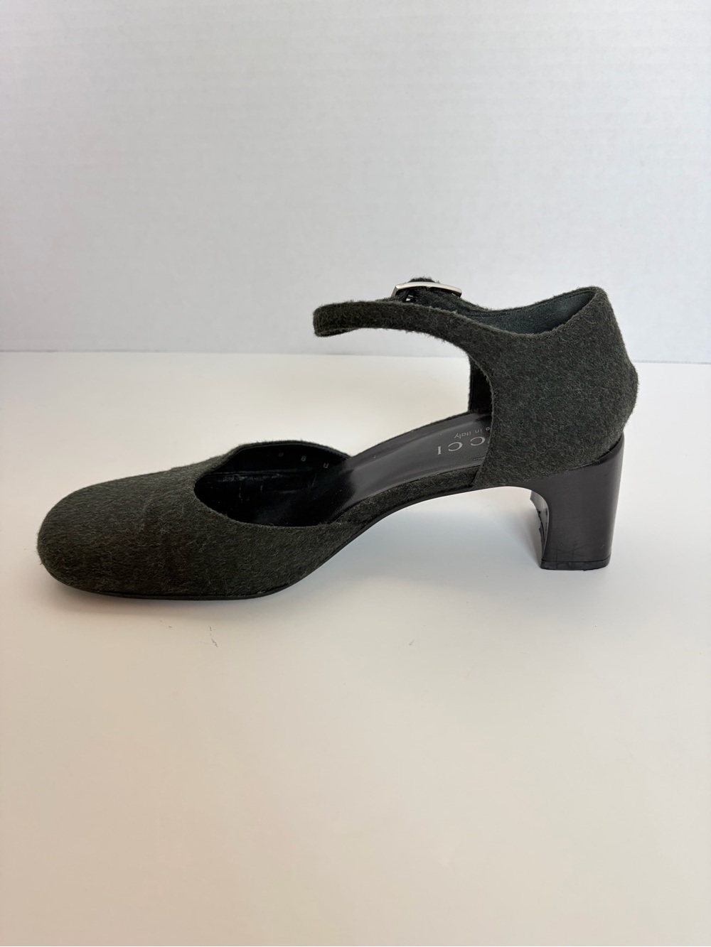 Gucci Mary Jane Pumps Vintage Ankle Strap Block Heel Wool Dark Green Size 38.5C - Picture 6 of 16